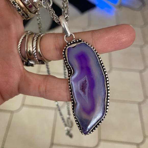 925 sterling silver overlay Purple agate slice gemstone charm boho necklace . - Picture 12 of 16
